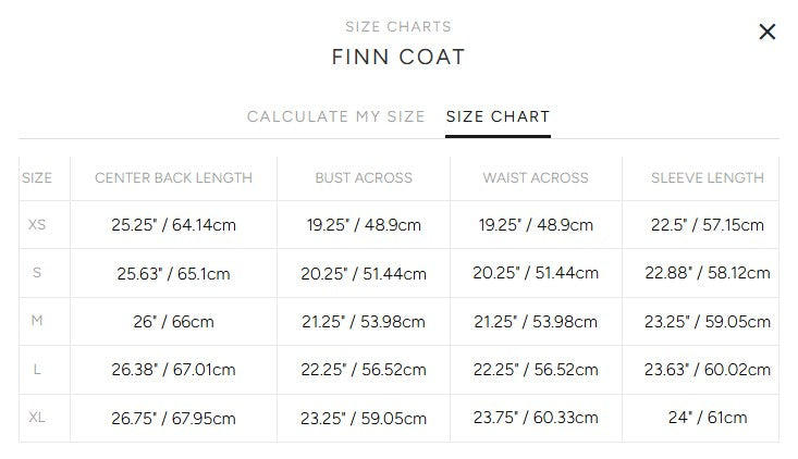 Product size guide