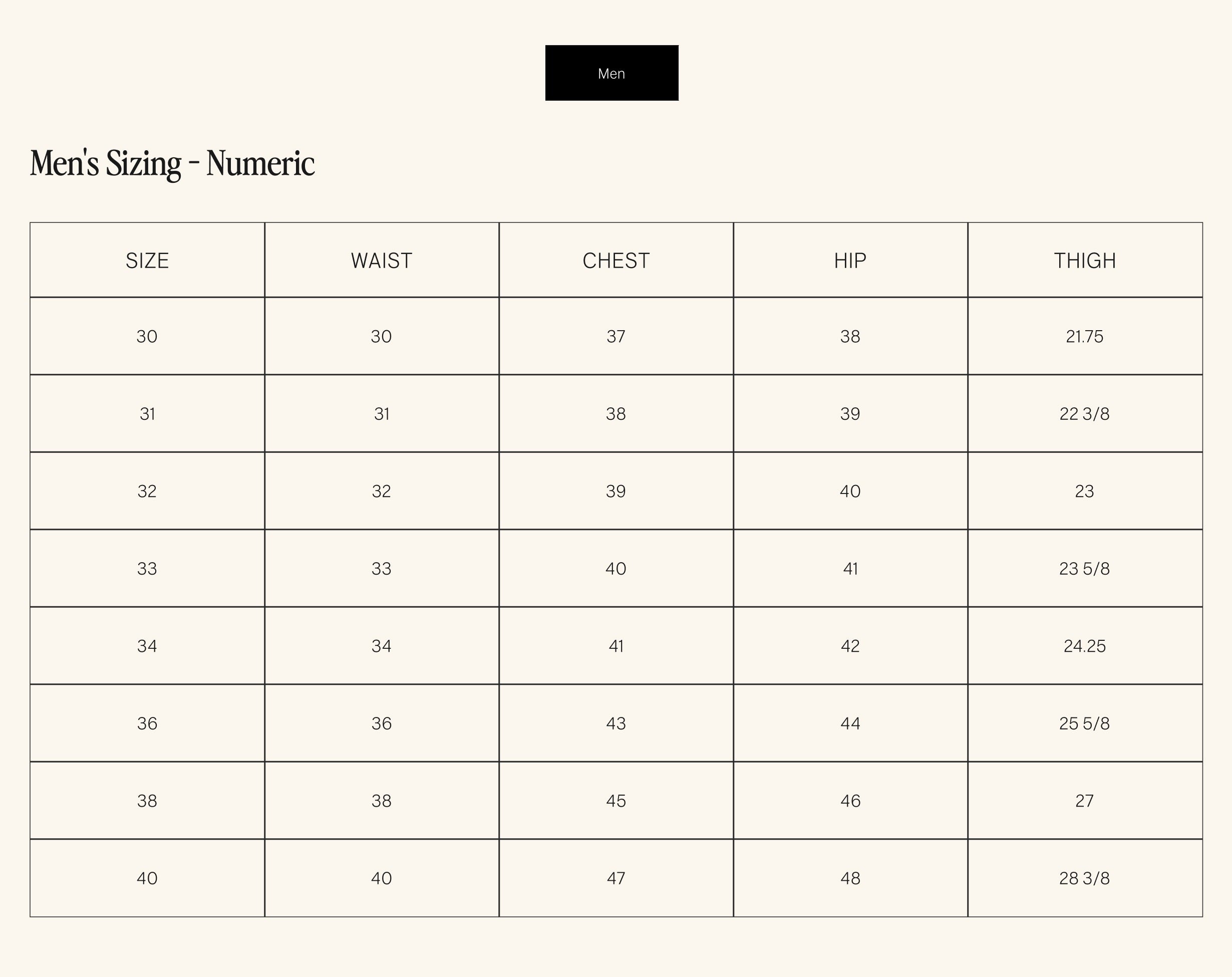 Product size guide