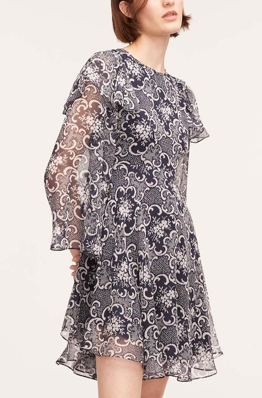 Rochelle Fleur Ruffle Silk Dress | Rochelle Fleur Navy Combo