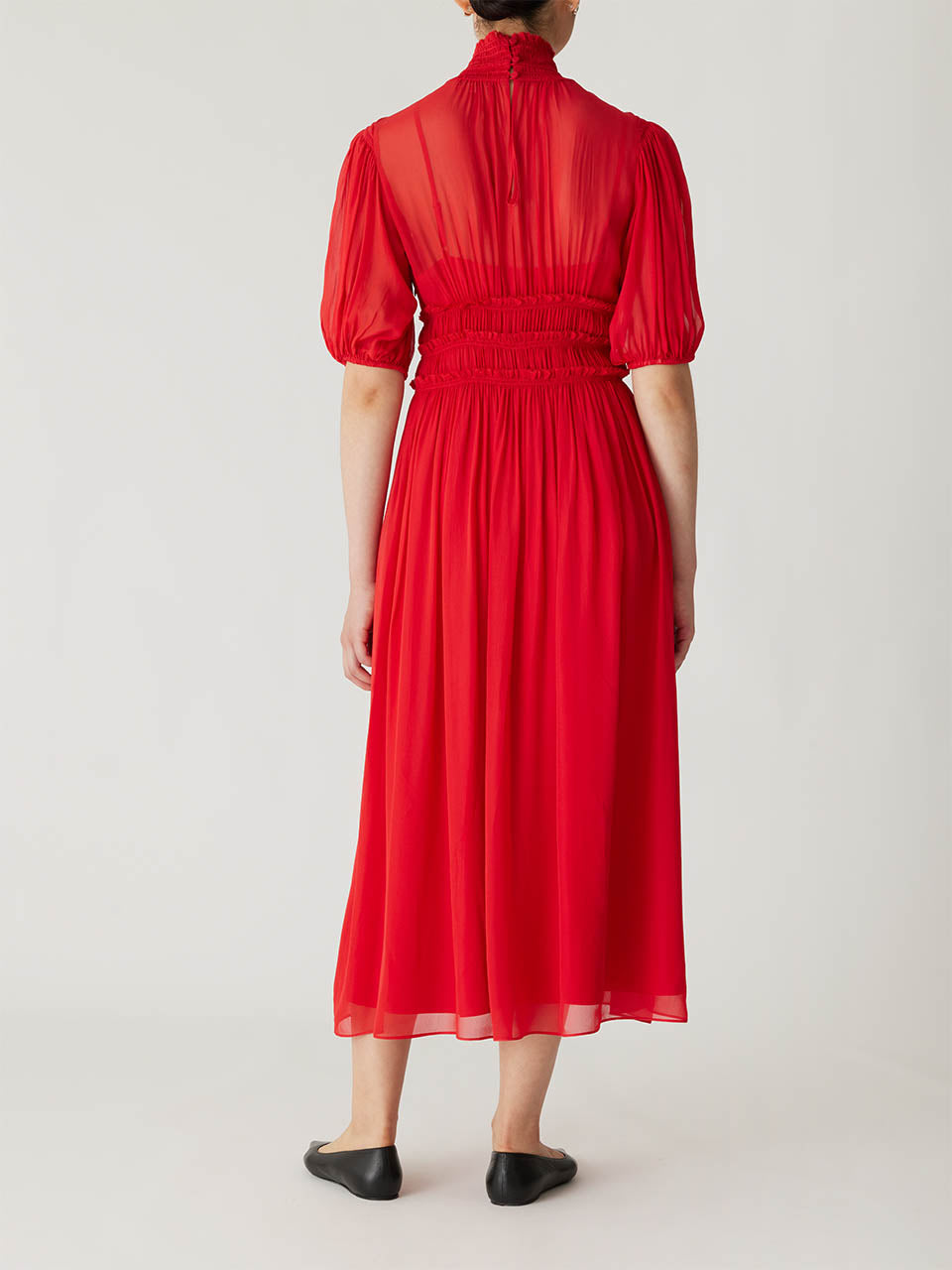 Viscose Chiffon Smocked Waist Dress | Red Lip
