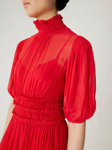 Viscose Chiffon Smocked Waist Dress | Red Lip