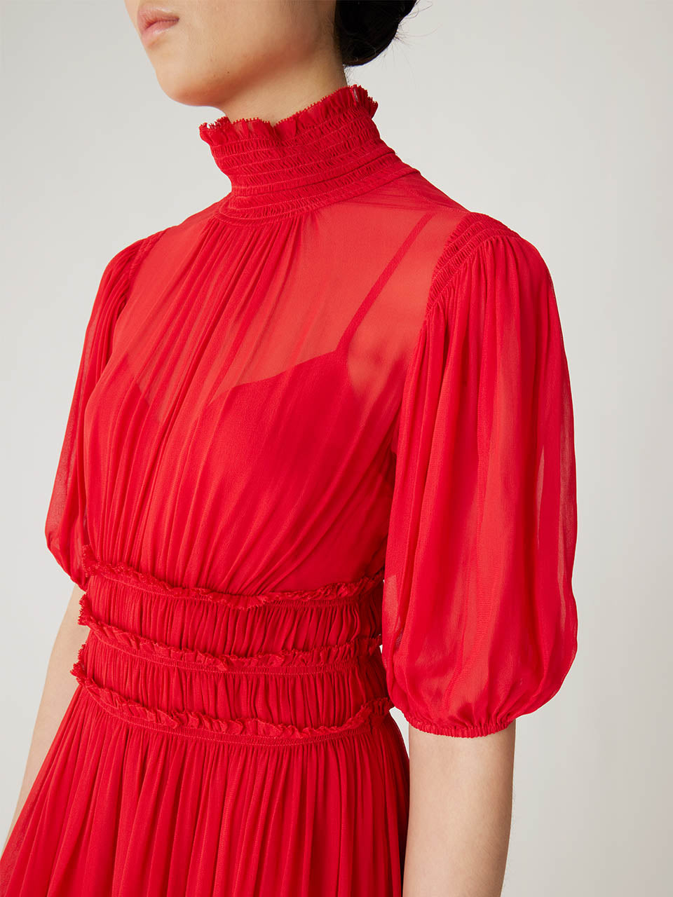 Viscose Chiffon Smocked Waist Dress | Red Lip