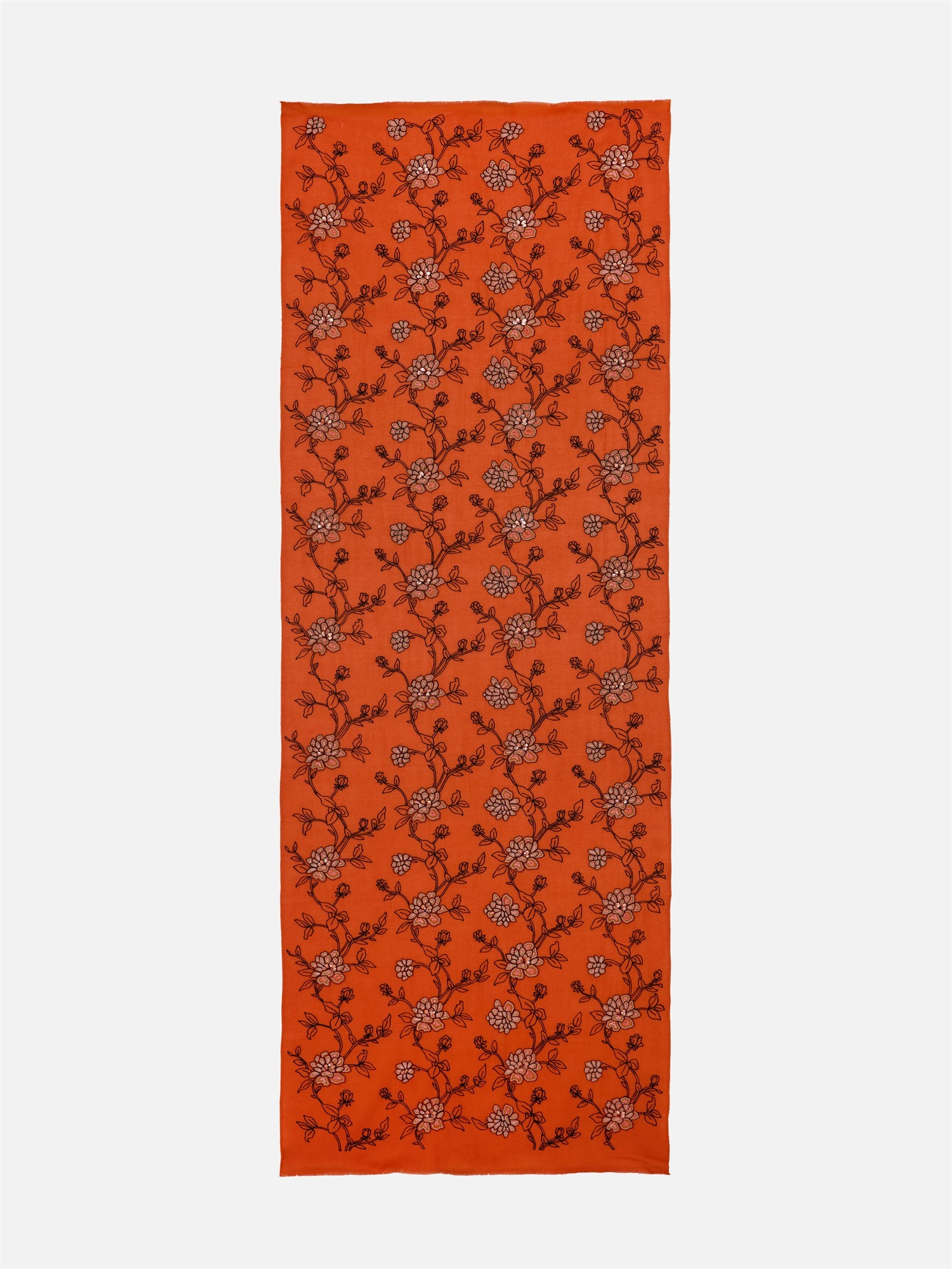 India Co-Creation Embroidered Cashmere Scarf Shawl | Vibrant Orange