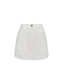 Peony Embroidered 4-Way Stretch Skirt-Front Denim Skort | White