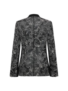 Silk Satin Jacquard Waist-Cinched Blazer | Black