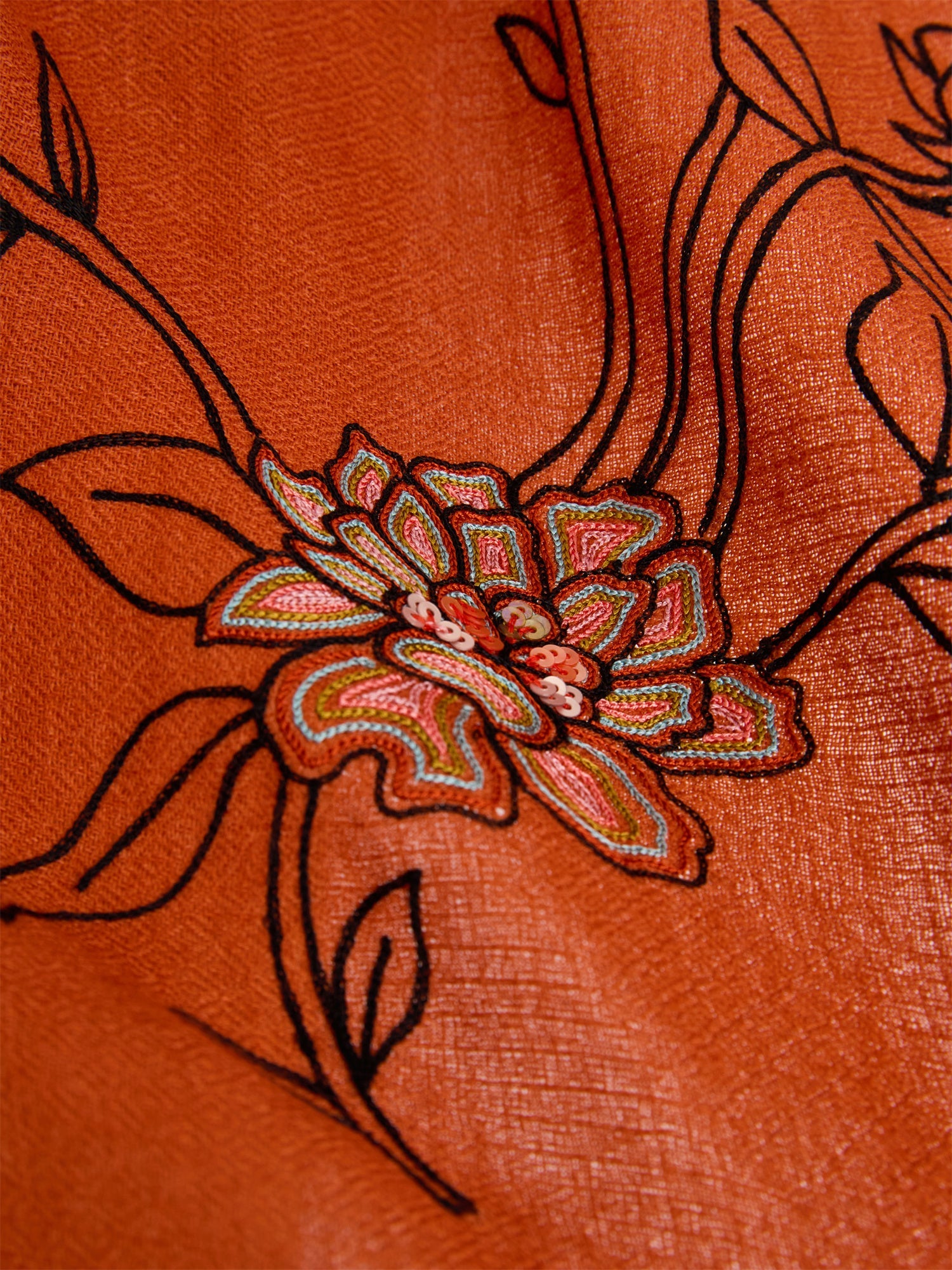 India Co-Creation Embroidered Cashmere Scarf Shawl | Vibrant Orange