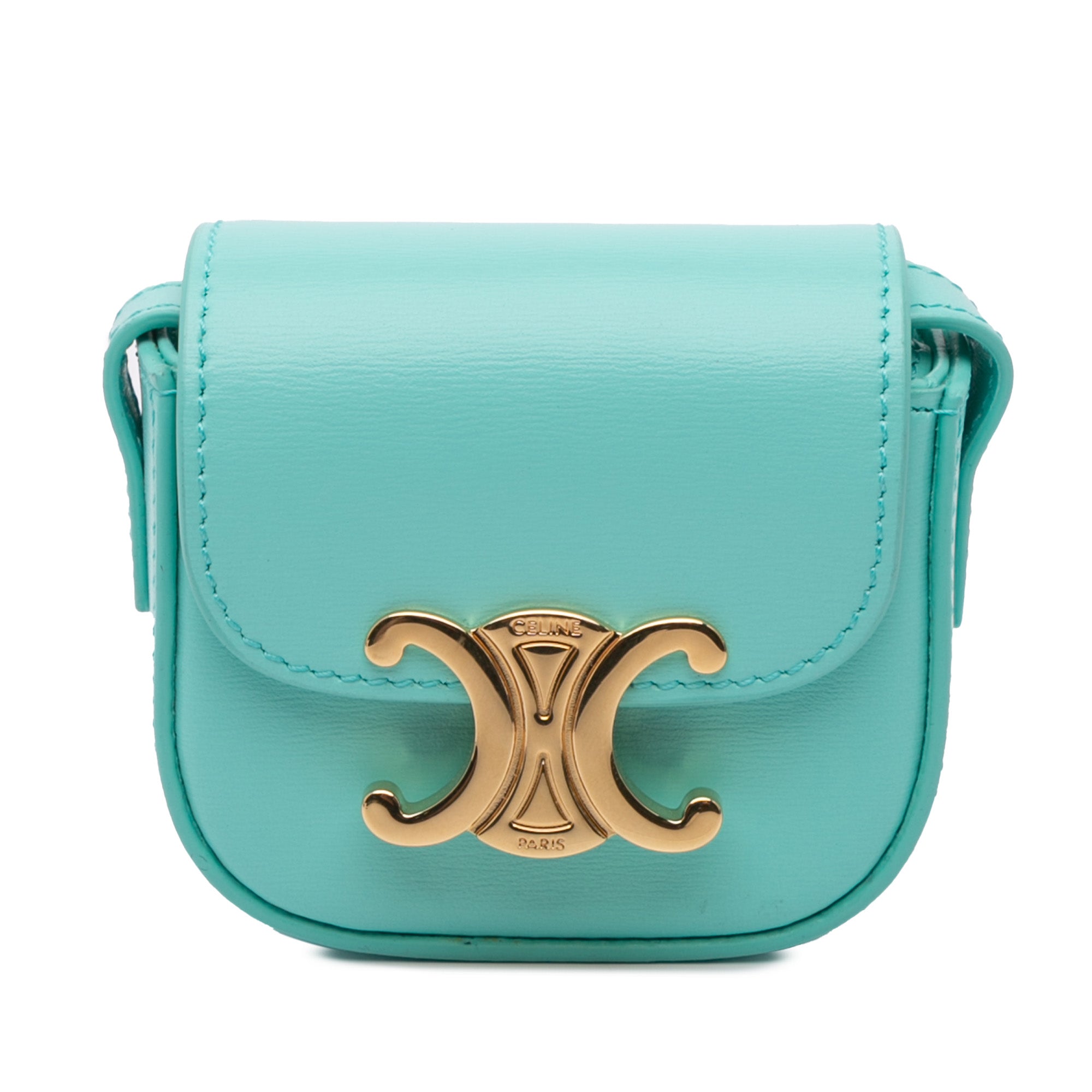 Celine | Pre-Owned Leather Triomphe AirPods Case with Strap - II | Blue/Turquoise