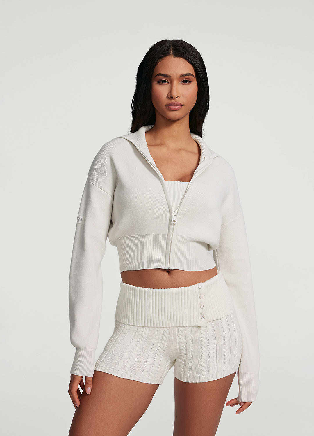 Knit Cropped Zip-Up Jacket | White