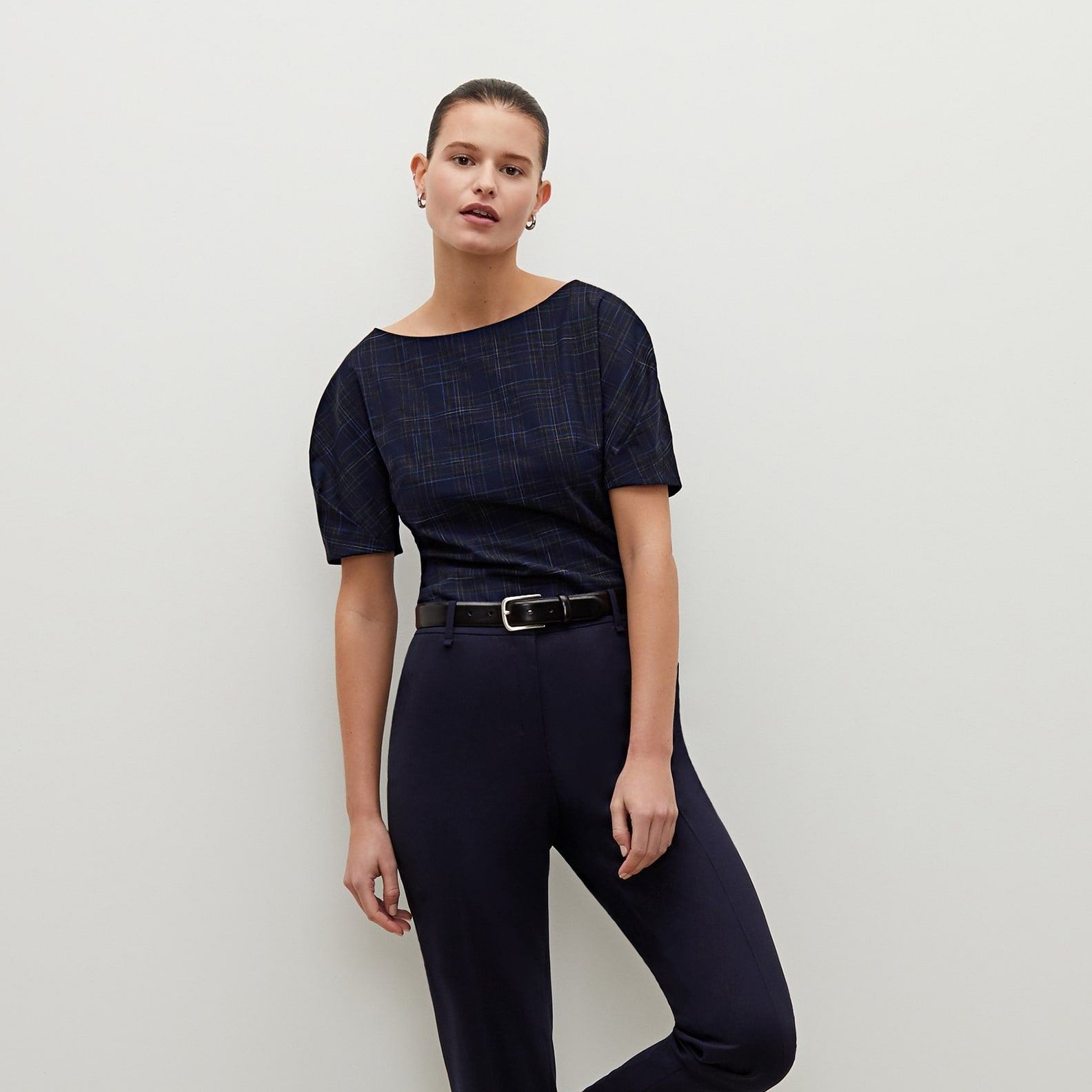 Front image of a woman standing wearing the Mejia pant in Galaxy Blue | Exclude