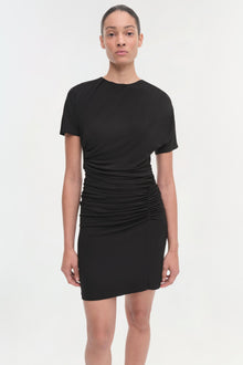 Black short-sleeve dress with ruched side detailing at the waist and hips.