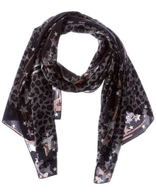 Jimmy Choo | Womens | Logo Silk Scarf | Grey/Leopard Print Multi