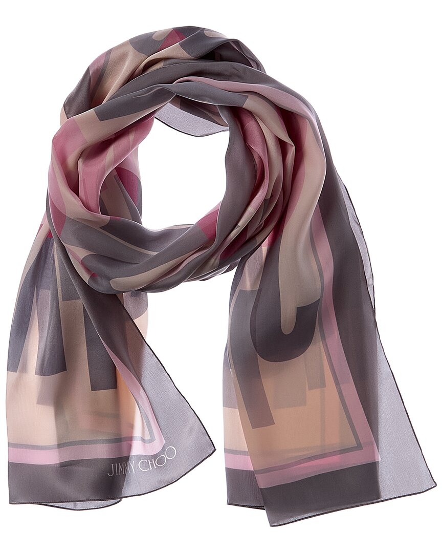 Jimmy Choo | Womens | Logo Silk Scarf | Pink/Grey Multi