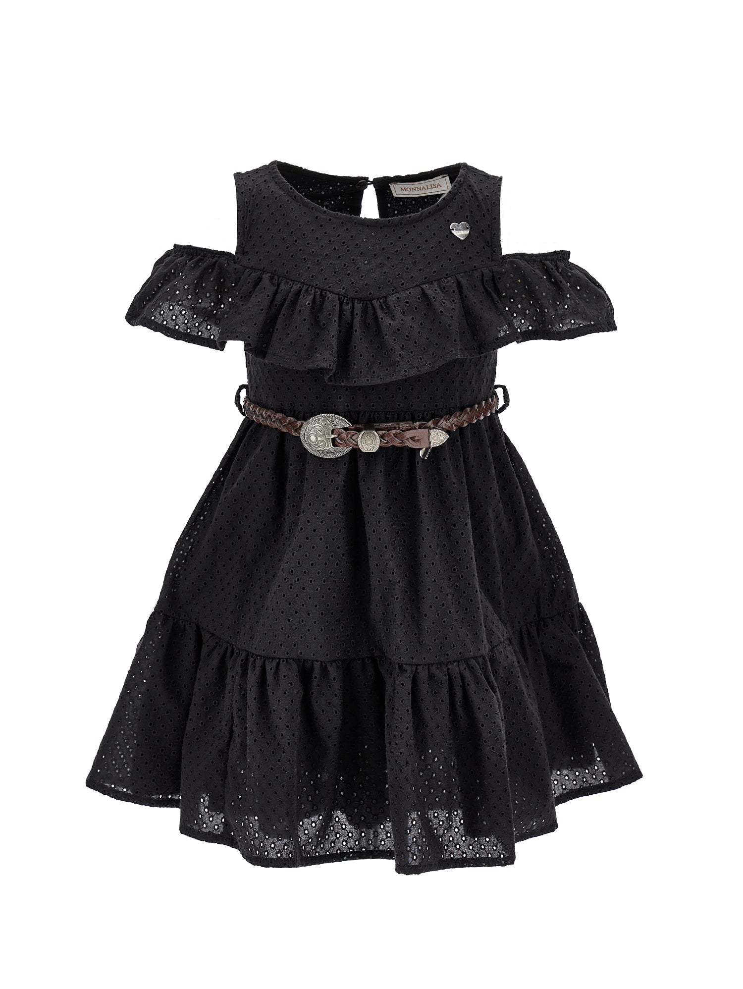 Girls | Broderie Anglaise Dress With Woven Belt | Black