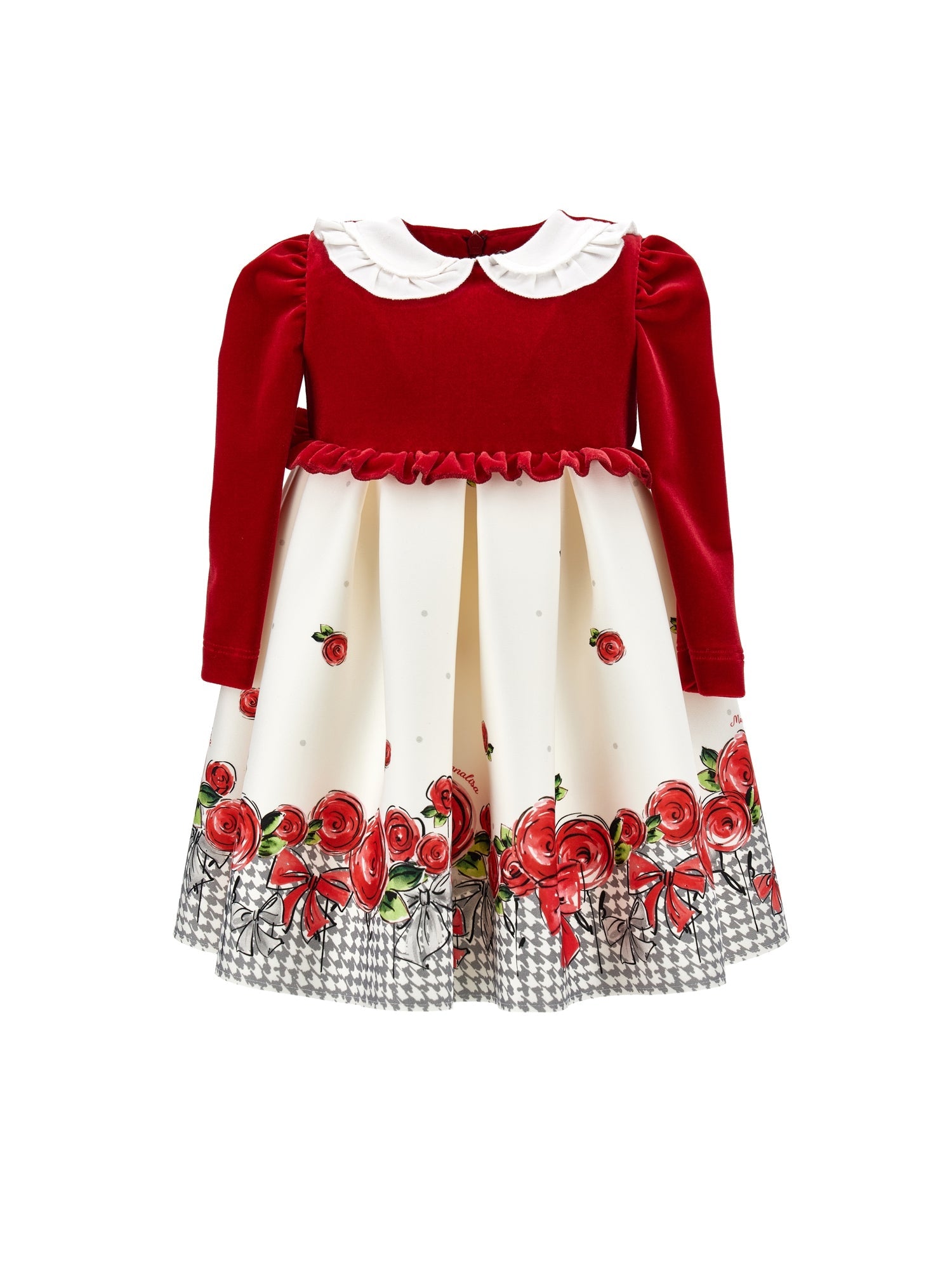 Girls | Houndstooth Dress With Roses | Cream/Ruby
