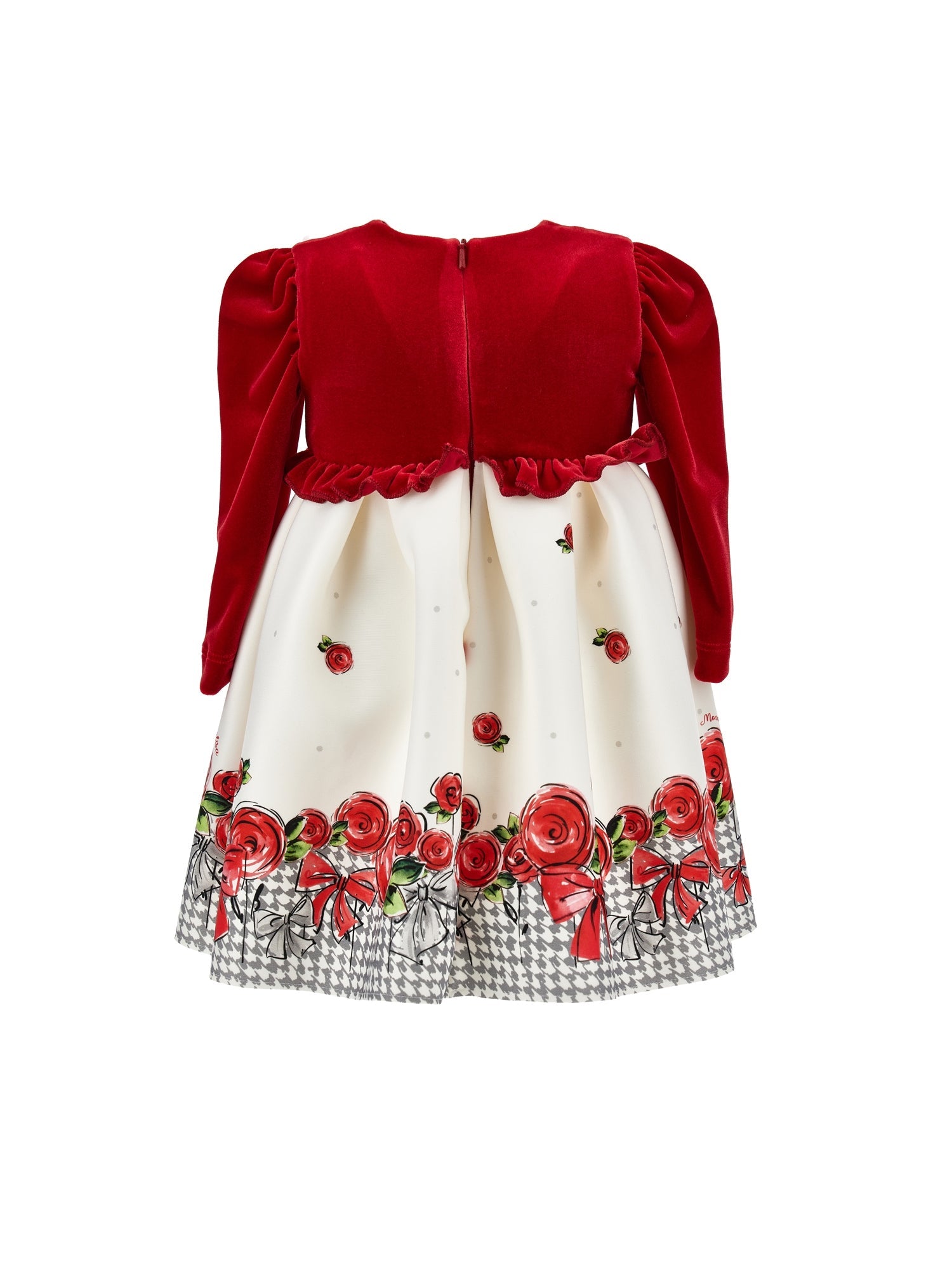 Girls | Houndstooth Dress With Roses | Cream/Ruby