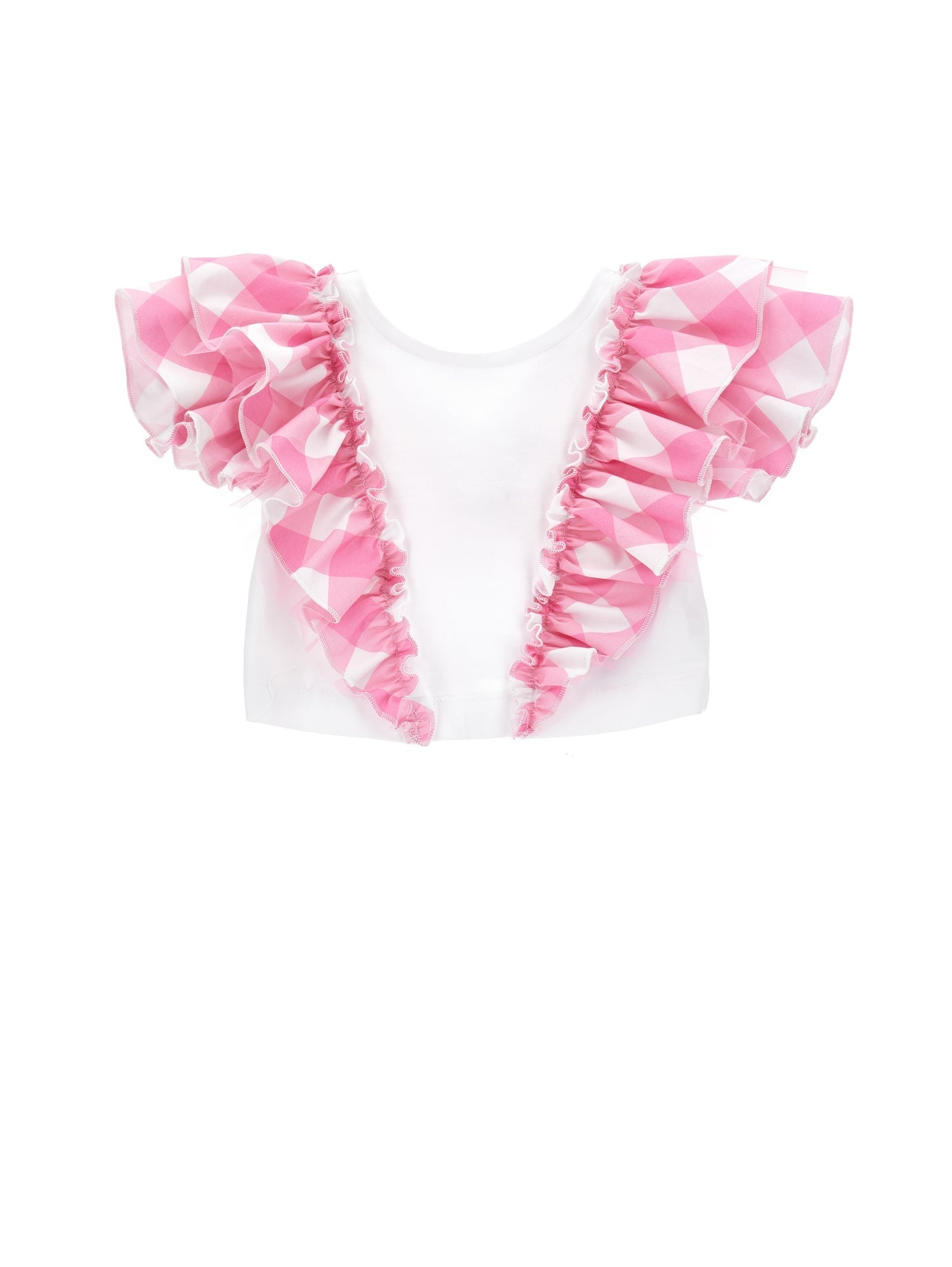 Girls | T-Shirt With Gingham Ruffles | White/Fuchsia