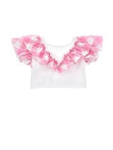 Girls | T-Shirt With Gingham Ruffles | White/Fuchsia