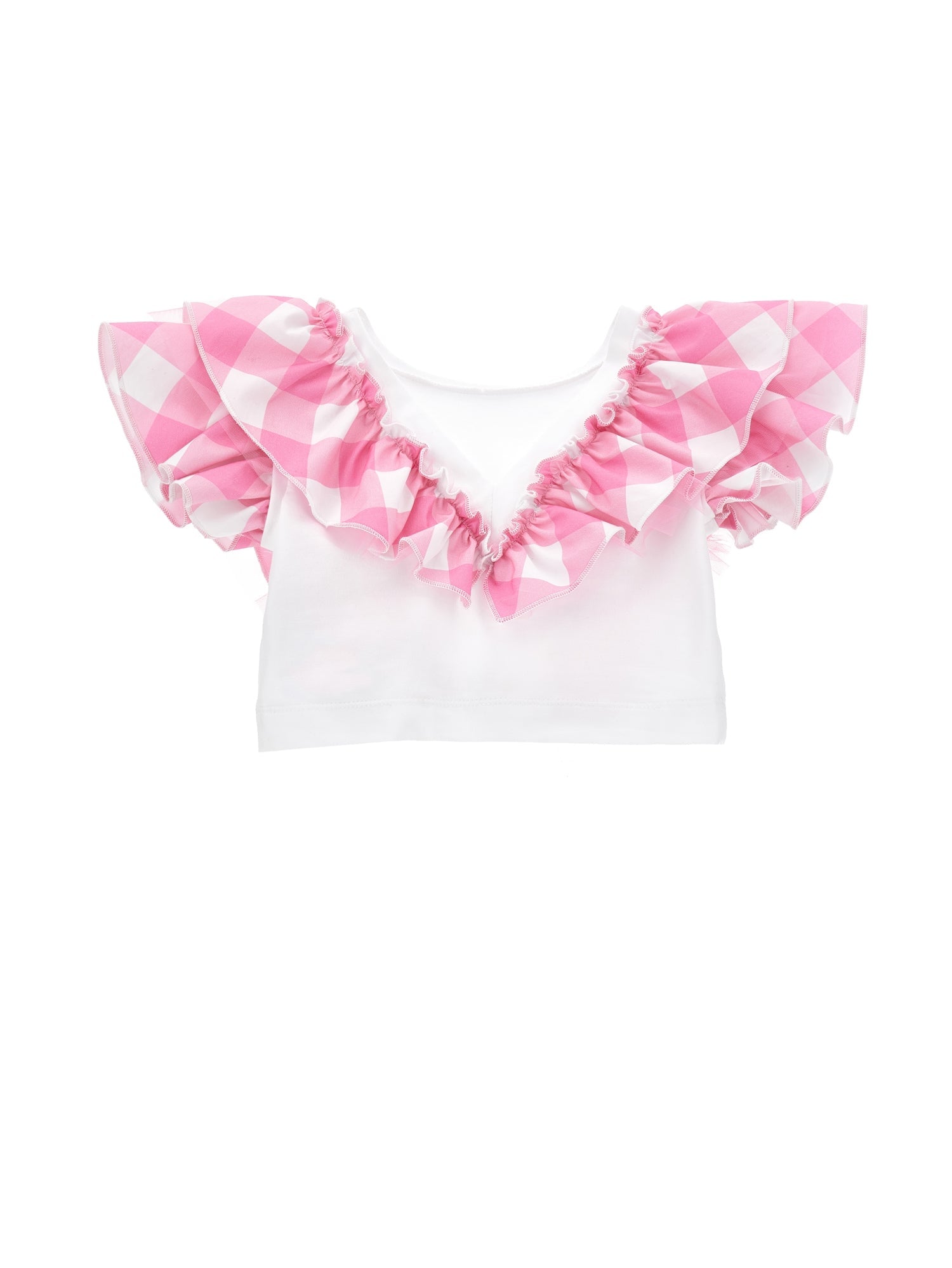 Girls | T-Shirt With Gingham Ruffles | White/Fuchsia