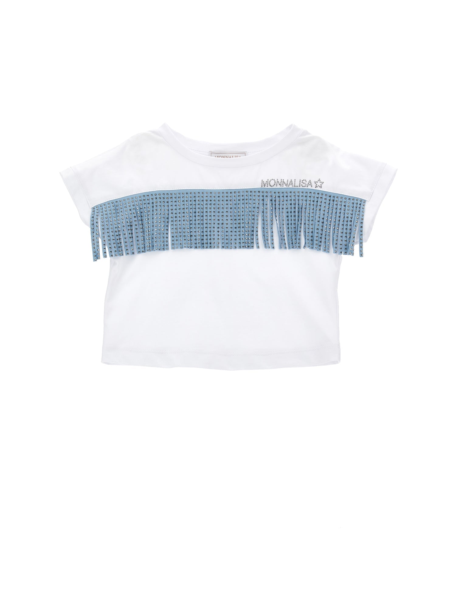 Girls | Fringed Organic Cotton T-Shirt | White/Sky Blue