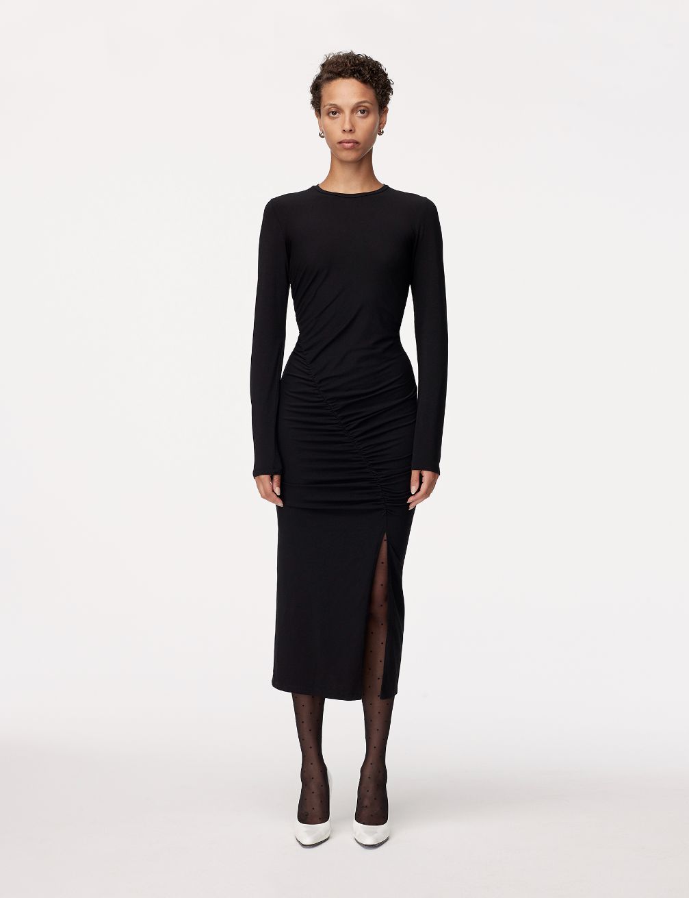 Another Tomorrow Ruched Long Sleeve Dress in Black – Cotton Women's Dress