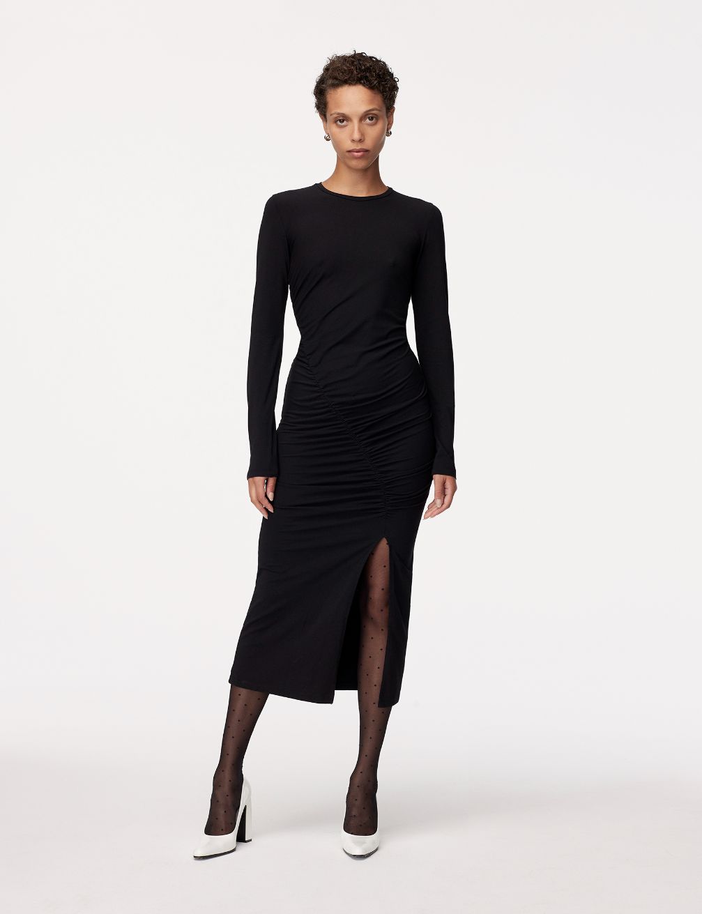 Another Tomorrow Ruched Long Sleeve Dress in Black – Cotton Women's Dress