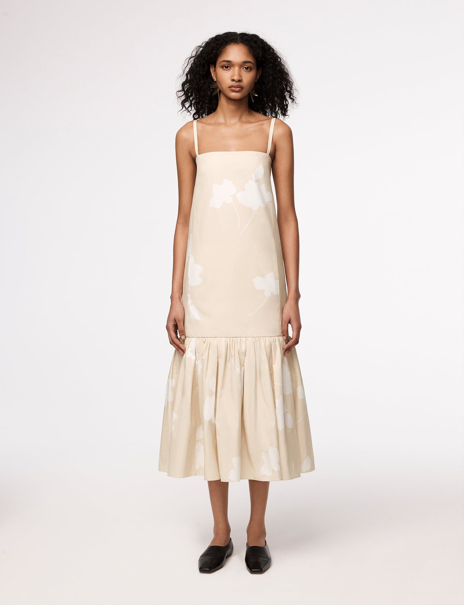 Another Tomorrow Gathered Flounce Dress in Khaki Floral – Cotton Women's Dress