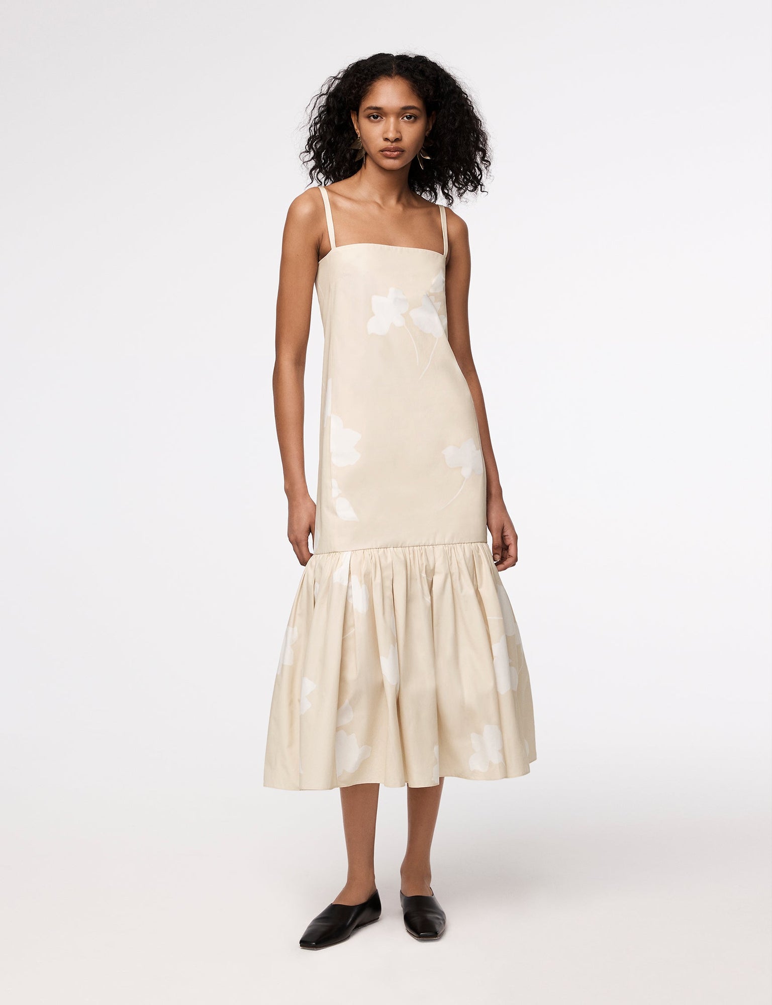Another Tomorrow Gathered Flounce Dress in Khaki Floral – Cotton Women's Dress