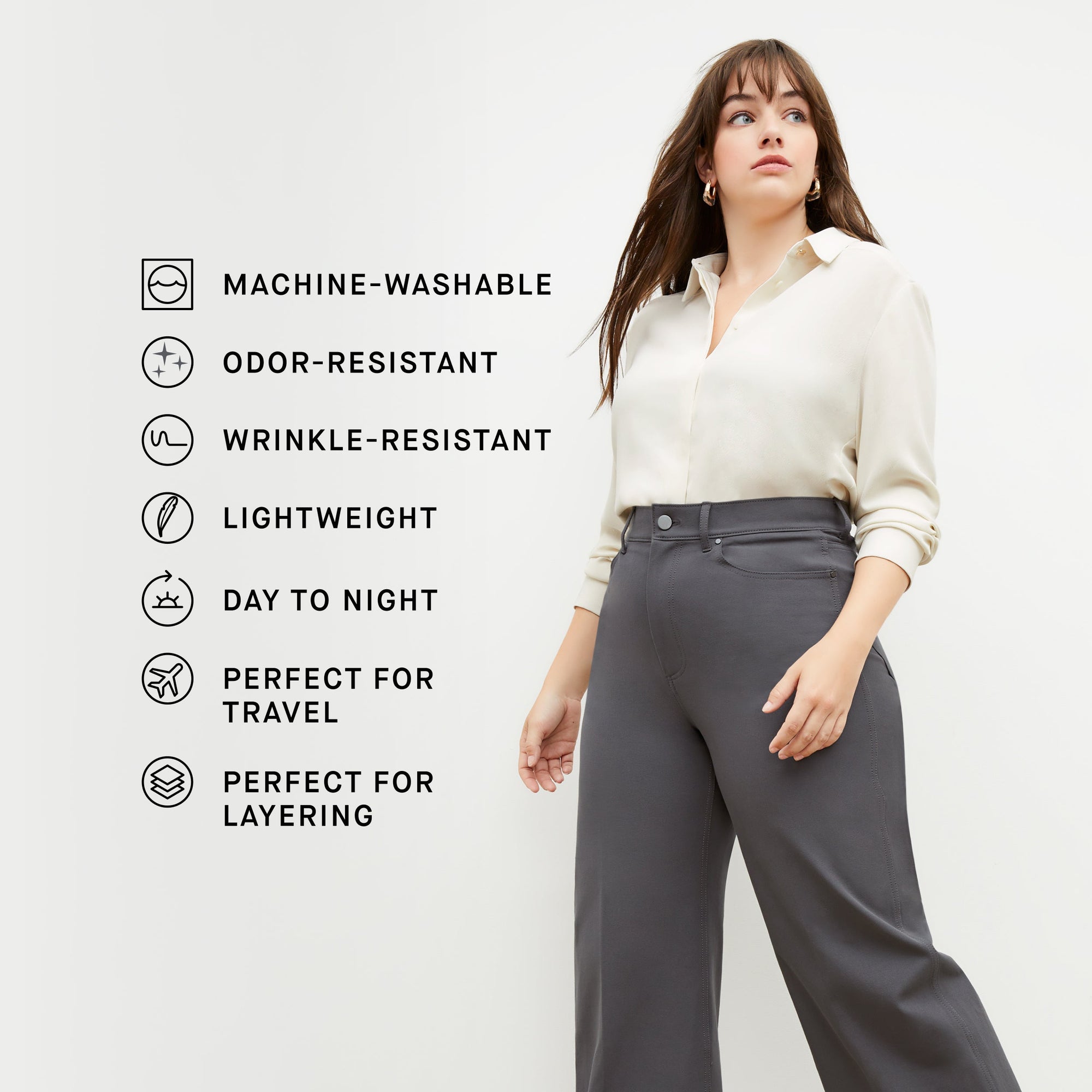 Front image of a woman standing wearing the Lagarde Shirt—Soft Wave in Alabaster with the product features listed
