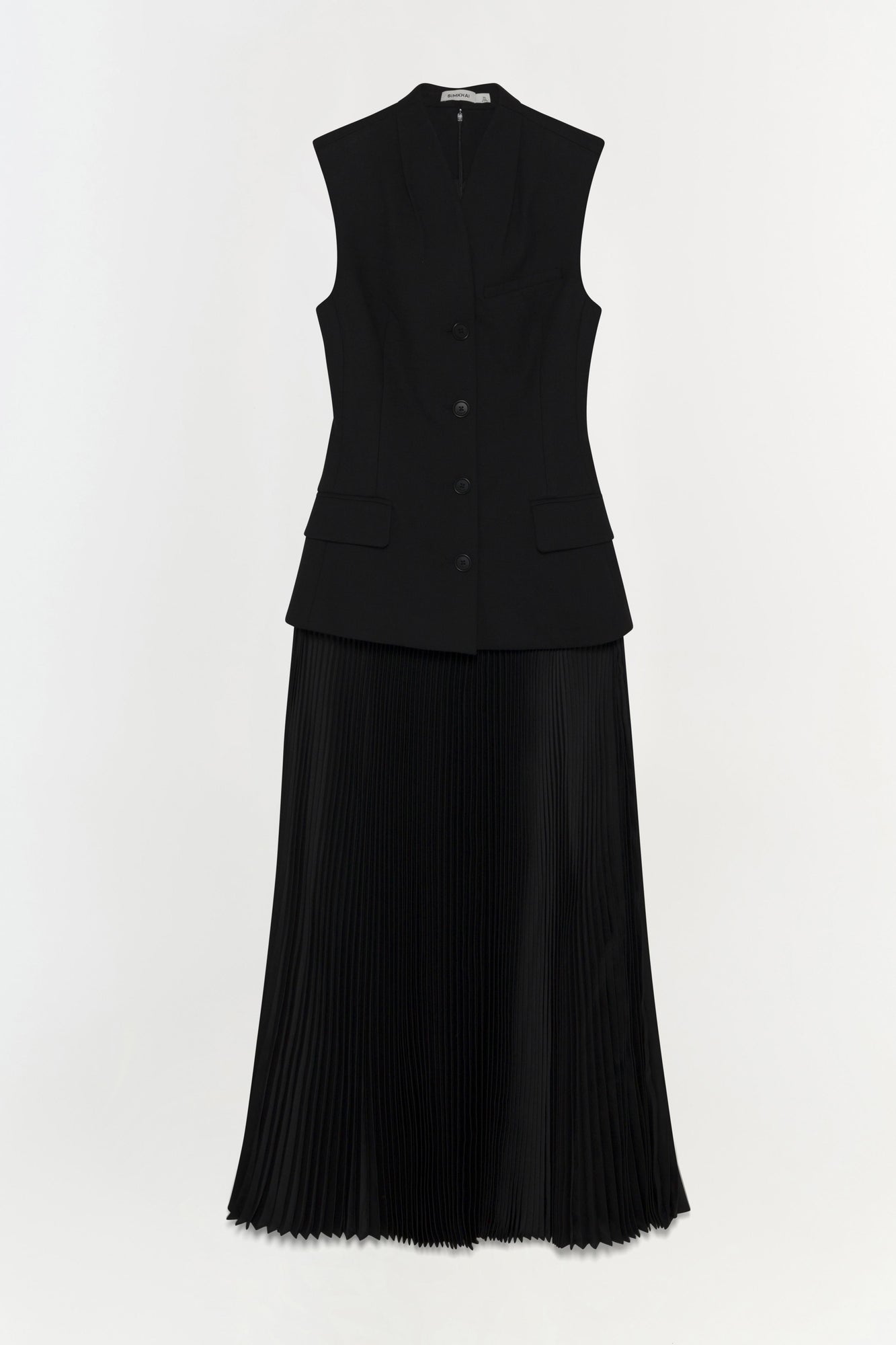 Black sleeveless button-front vest dress with pleated skirt and chest pockets.