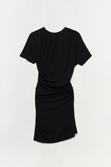 Black short-sleeve dress with ruched side waist detail and asymmetrical skirt hem.