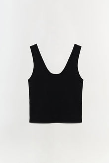 Black sleeveless tank top with a scoop neckline and ribbed trim.