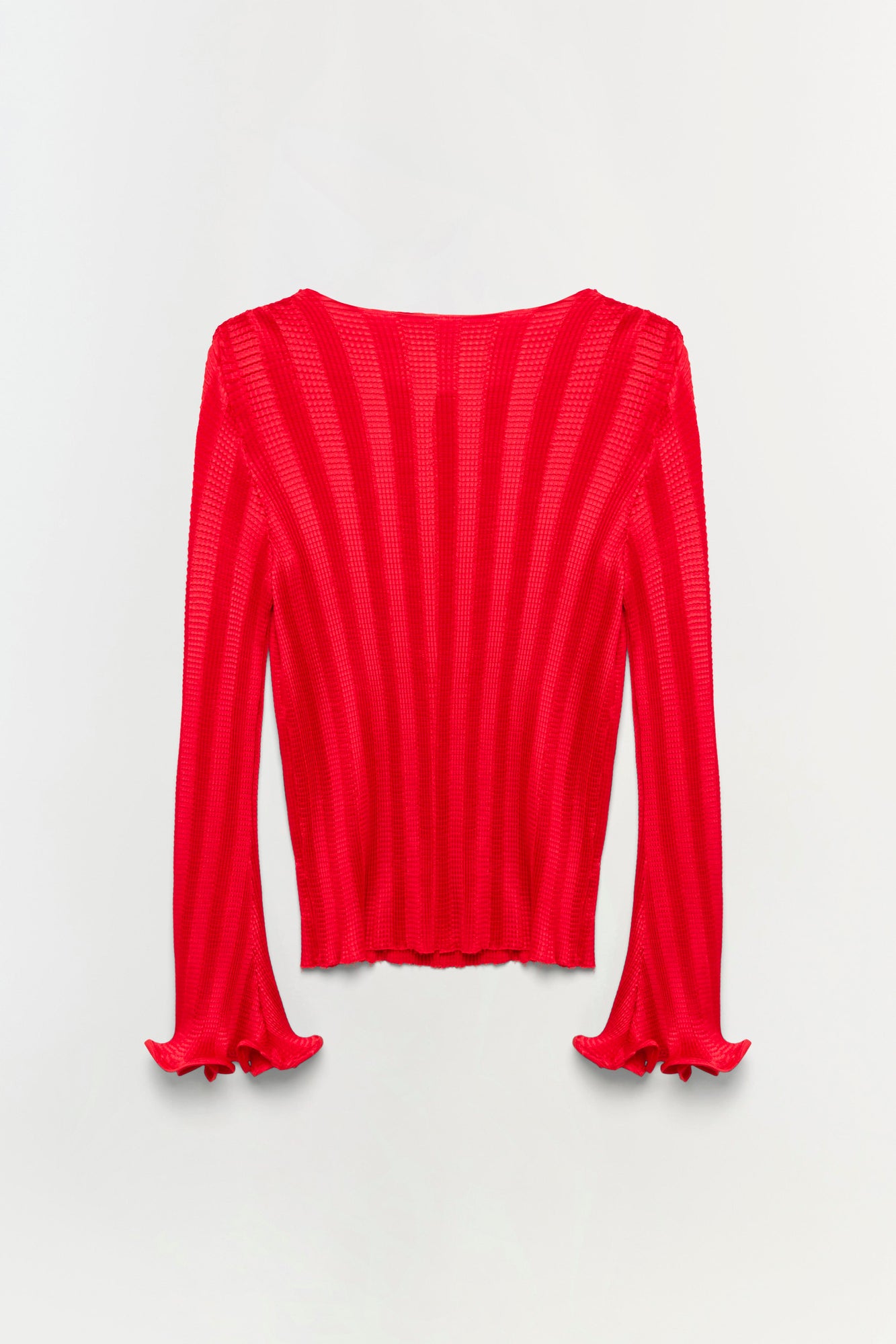 Red ribbed long-sleeve top with ruffled cuffs and crew neckline.