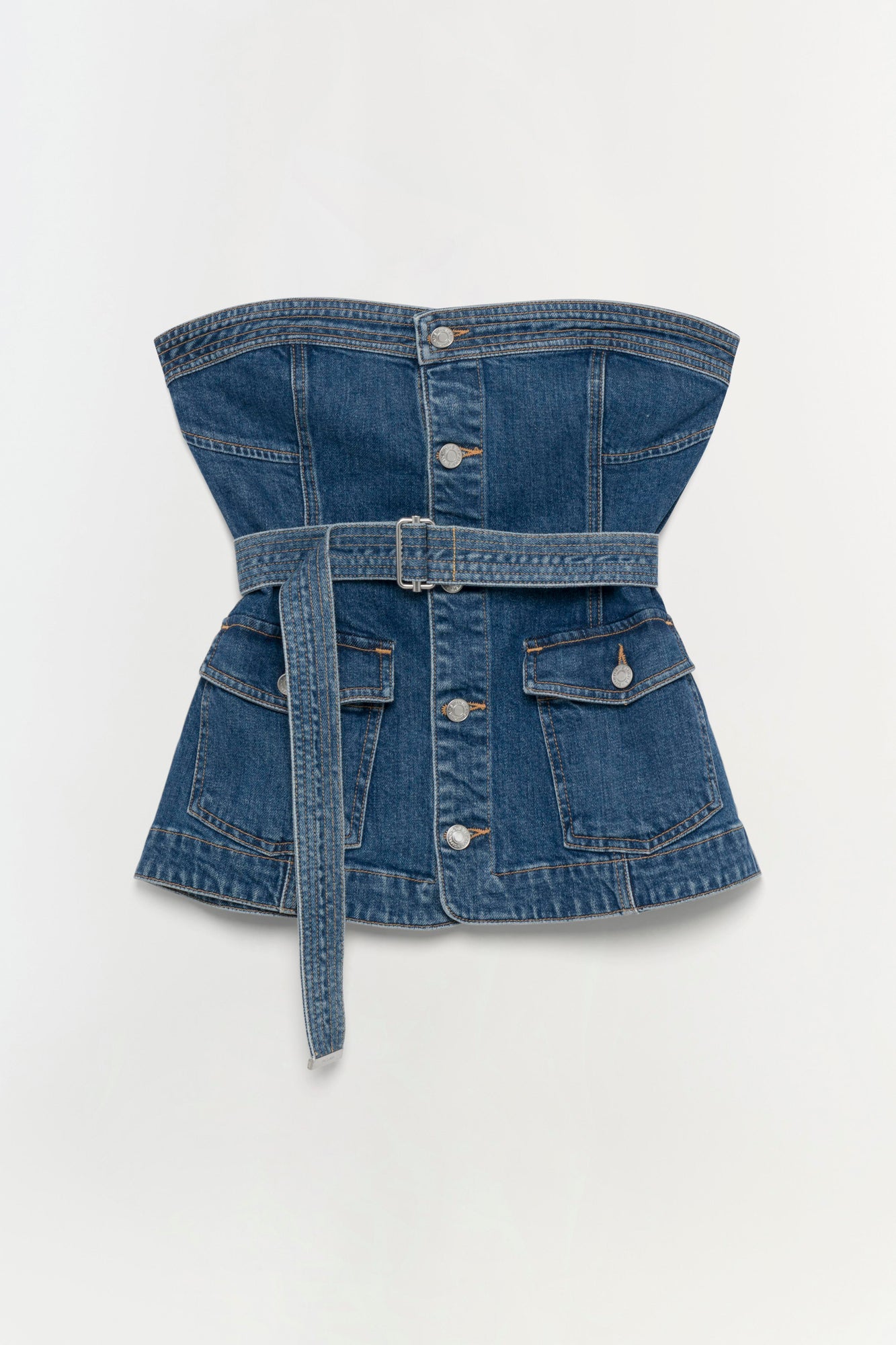 Blue denim corset top with button front, belt tie, and structured boning detail.