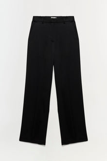 Black wide-leg pants with a flat front, button waistband, and full-length straight silhouette.