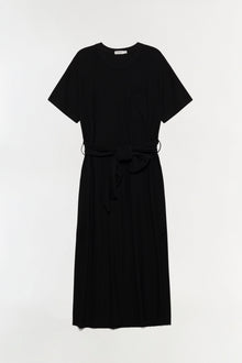 Black jersey t-shirt dress with short sleeves, crew neckline, and tie waist detail.