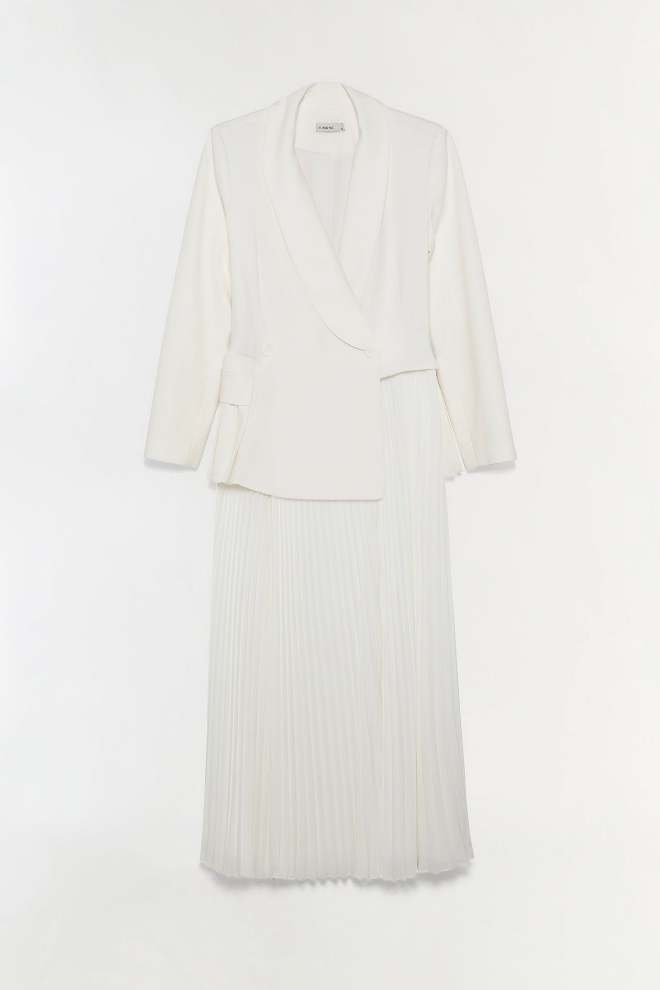 Cream-colored blazer dress with wrap top and pleated midi skirt on neutral background.