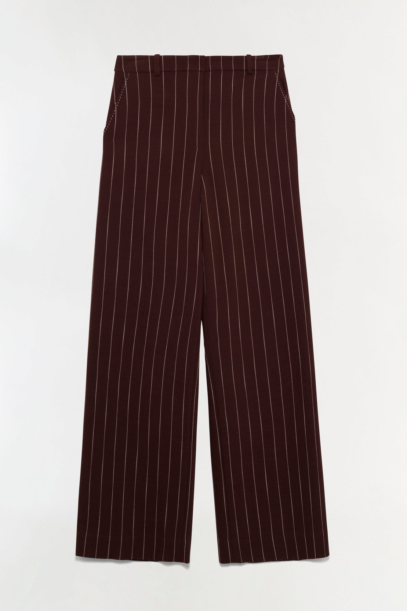 Burgundy pinstriped wide-leg suiting pants with flat front and straight silhouette.