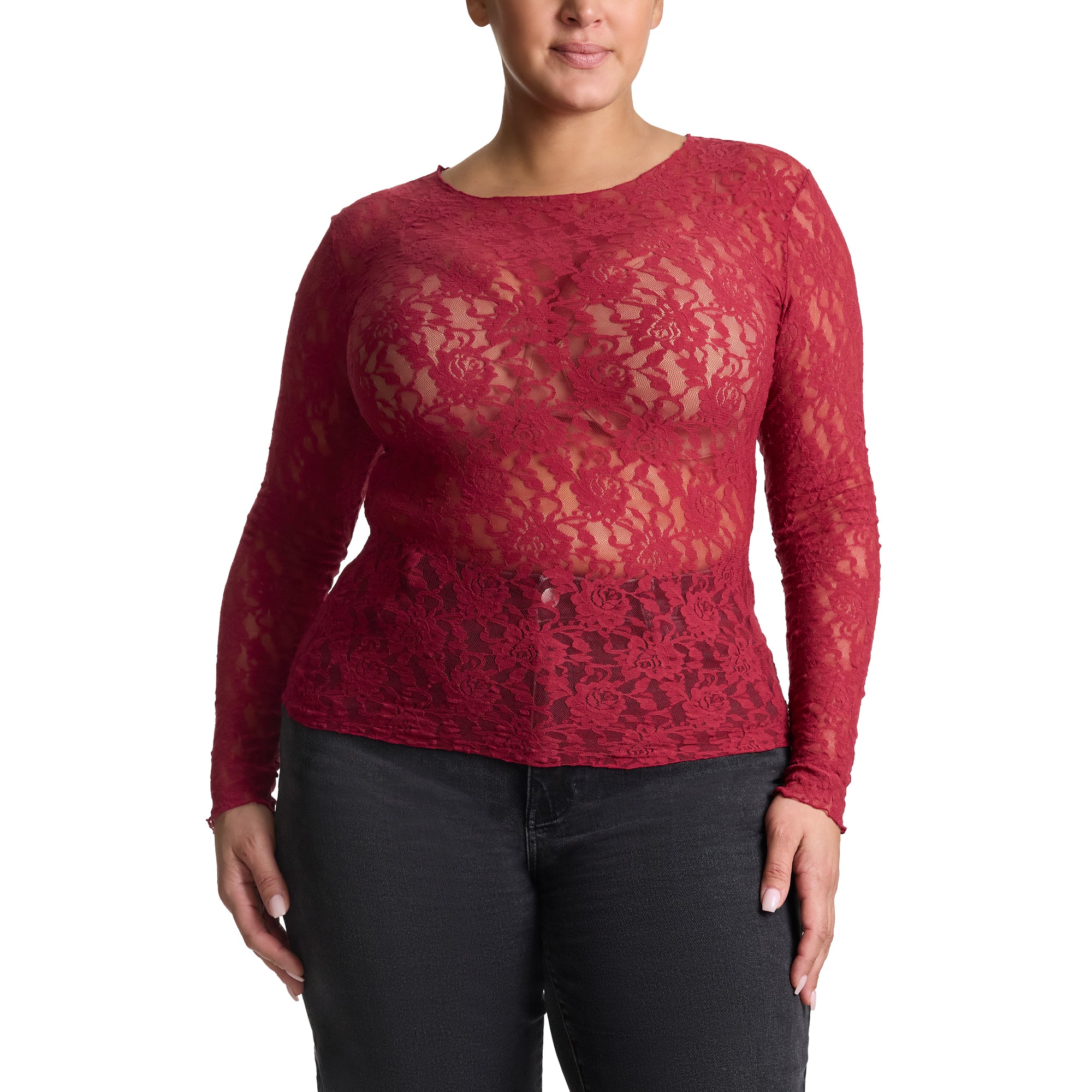 Plus Size Signature Lace Long Sleeve Top | Wild Berries (Red)