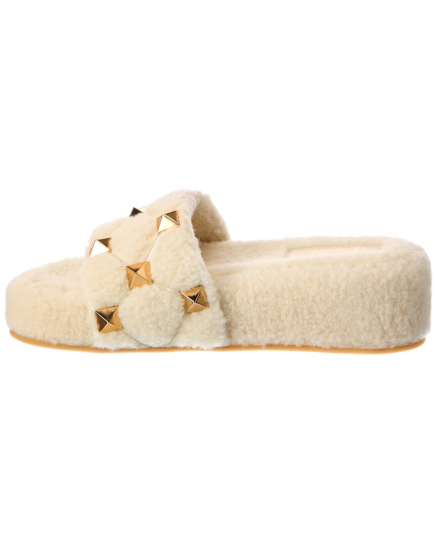 Valentino | Womens | Roman Stud 50 Shearling Platform Slide | White