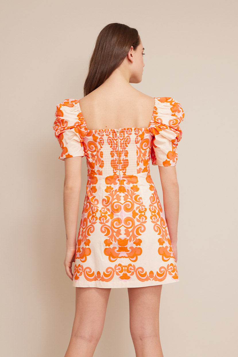 Kelly Dress | Venice Scroll Mandarin Red