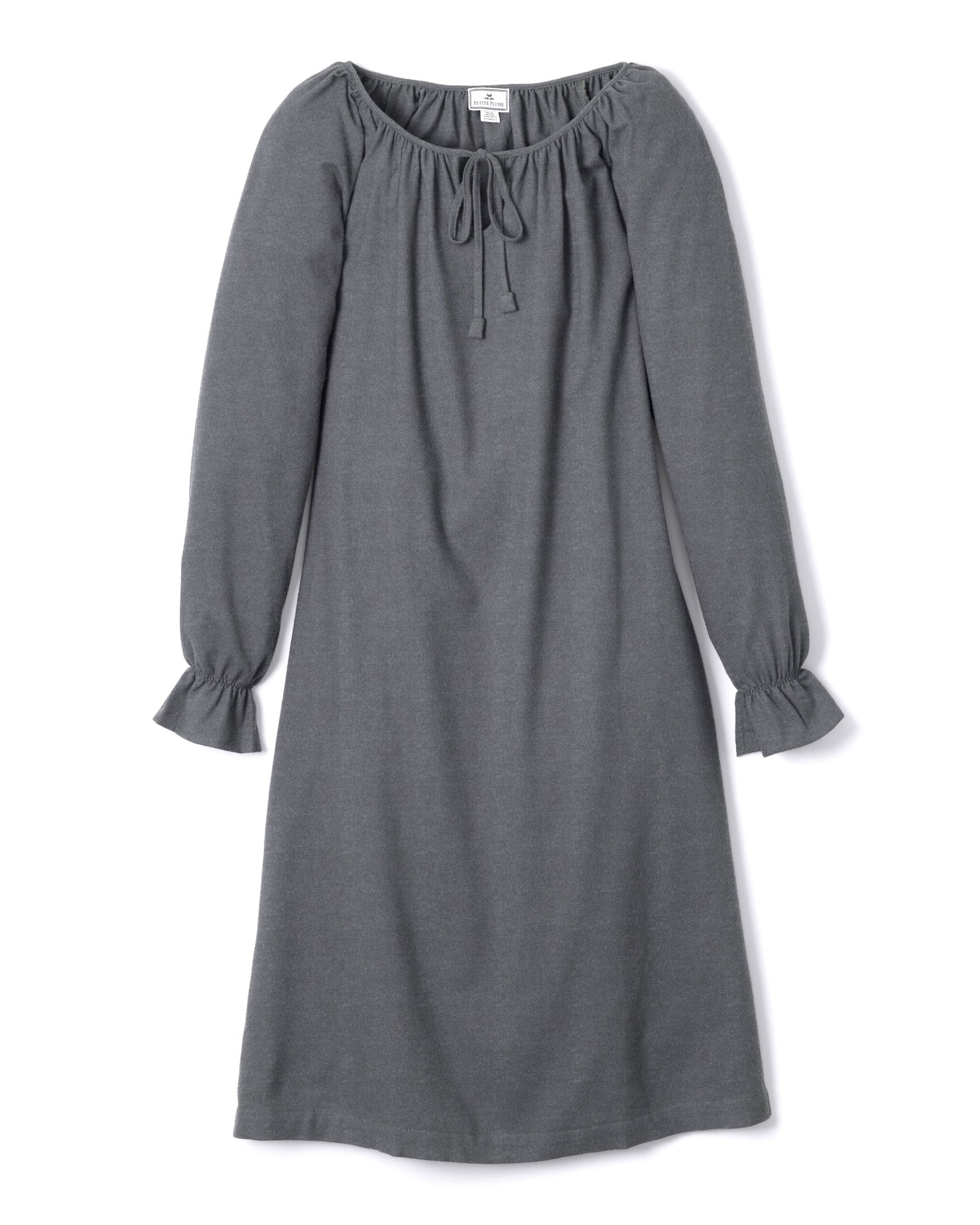 The Womens Flannel Delphine Nightgown in Grey by Petite Plume showcases a long-sleeve, off-shoulder design with a drawstring neckline. Made of soft flannel, its sleeves feature gathered ruffle cuffs for a loose, comfortable fit.