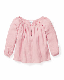 Discover the Womens Gauze Willow Scoopneck Top in Pink by Petite Plume—an elegant, long-sleeve blouse from our luxury Gauze Collection. Made from textured cotton gauze, it features a gathered neckline and a delicate keyhole opening for an airy, comfortable fit.