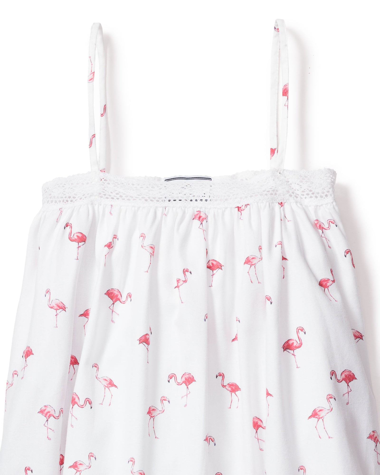 Indulge in the luxurious Girls Twill Lily Nightgown by Petite Plume. This white nightgown, adorned with thin straps and crochet trim, features playful pink flamingos for a tropical bedtime twist.