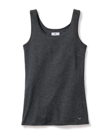 The Petite Plume Womens Pima Tank Top in Dark Heather Grey is sleeveless with a scoop neckline, made from soft jersey knit, and features a small logo near the bottom hem on the front.