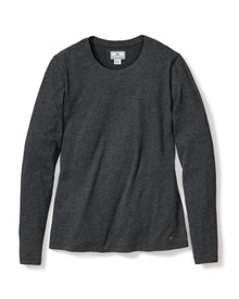 The Womens Pima Long Sleeve Top in Dark Heather Grey by Petite Plume, crafted from soft Pima cotton, features a plain crew neck design with no patterns or graphics, highlighting comfort and luxury on a white background.