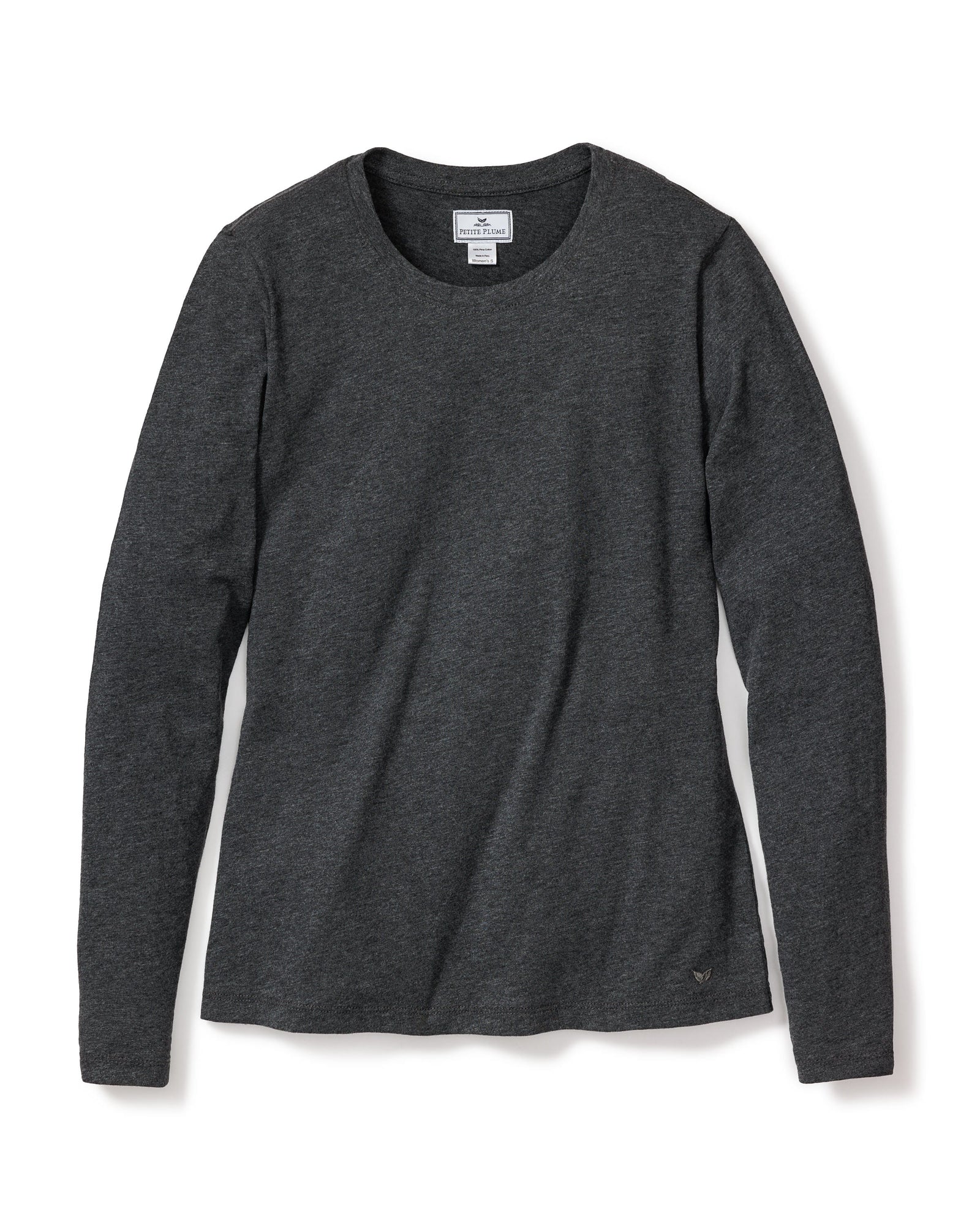 The Womens Pima Long Sleeve Top in Dark Heather Grey by Petite Plume, crafted from soft Pima cotton, features a plain crew neck design with no patterns or graphics, highlighting comfort and luxury on a white background.