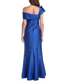 Teri Jon by Rickie Freeman | Womens | Metallic Jacquard Asymmetrical Neck Bow Shoulder
Gown | Blue