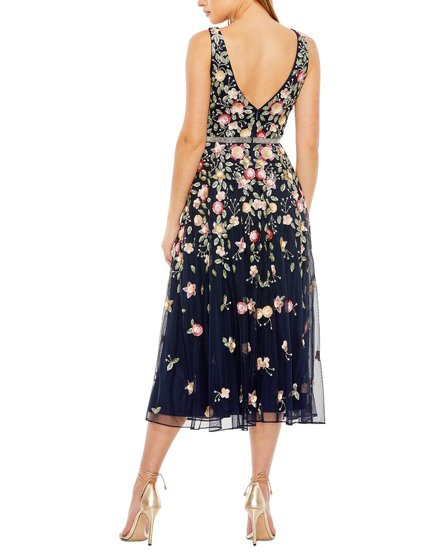 Mac Duggal | Womens | Embroidered Mesh V-Neck Sleeveless Midi Dress | black multi