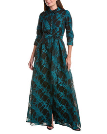 Teri Jon by Rickie Freeman | Womens | Organza Web Pattern Shirt Gown | Black