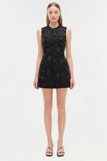 Black sleeveless mini dress with embellished lace pattern throughout, crew neckline, fitted bodice, and A-line skirt.